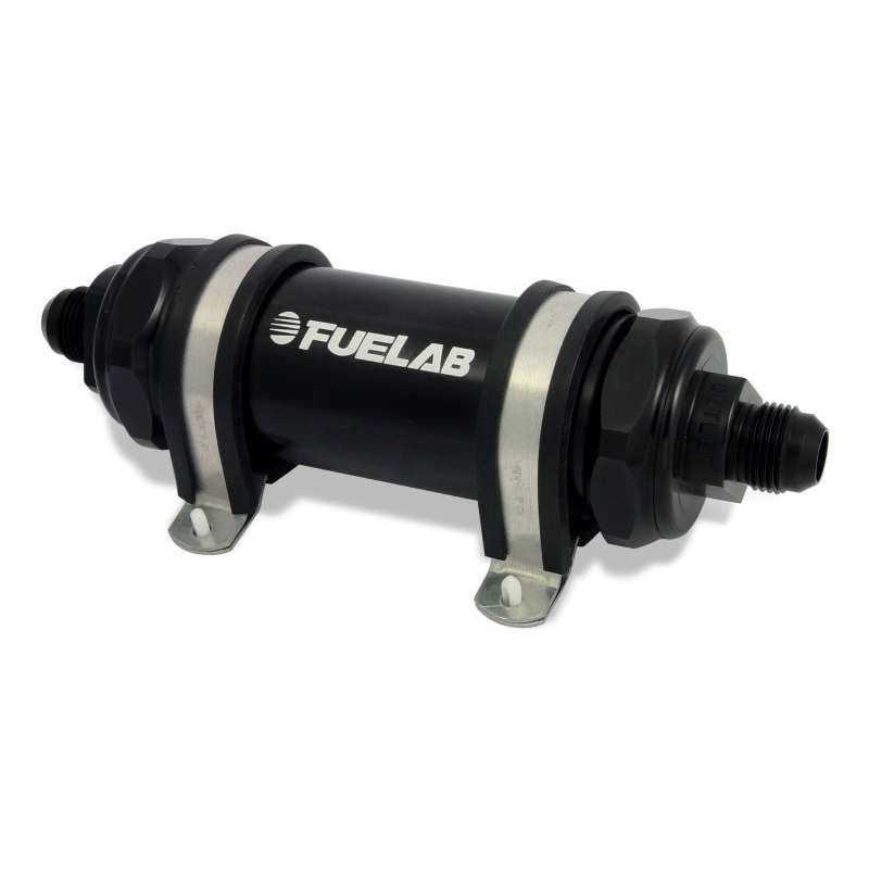 Fuelab 828 In-Line Fuel Filter Long -10AN In/Out 6 Micron Fiberglass – Black