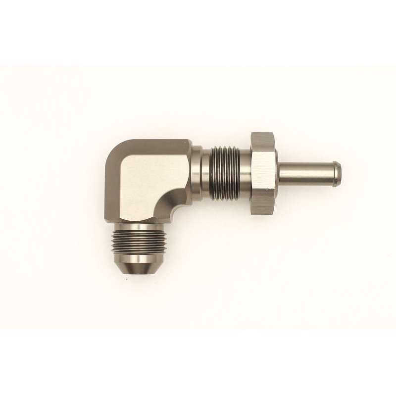 DeatschWerks 8AN Male Flare To 5/16in. Male Barb Bulkhead Adapter 90-Degree (Incl. Nut)