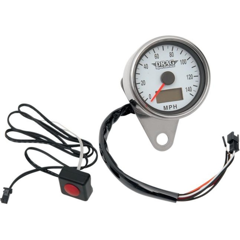 Drag Specialties Programmable Mini Electronic Speedometer with Odometer/Tripmeter – 1.87in. – Polished/White Face 21-6899WNU