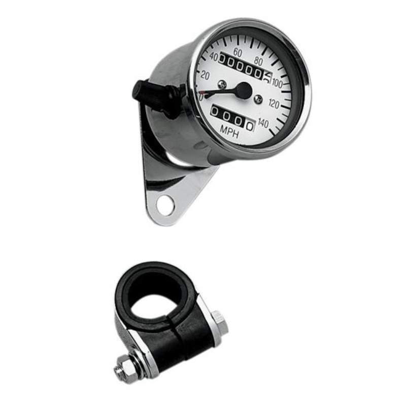 Drag Specialties 2.4in. Mini Mechanical Speedometer – 140 MPH – 2:1 Ratio – White Face and Tripmeter 21-6835-BX15