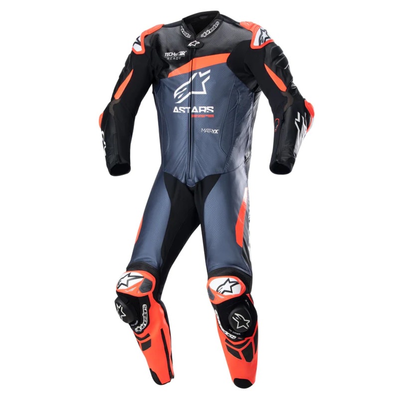 ALPINESTARS GP PLUS V4 1PC LEATHER SUIT – BLACK RED FULRO DARK BLUE 48