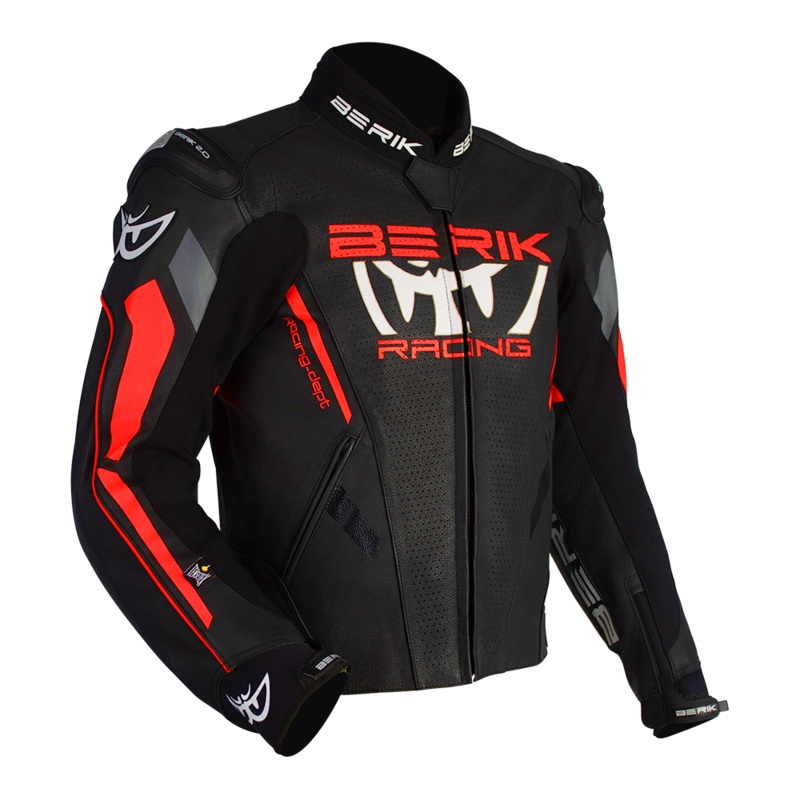 BERIK APEX SPORTS LEATHER JACKET – BLACK/FLURO RED 48